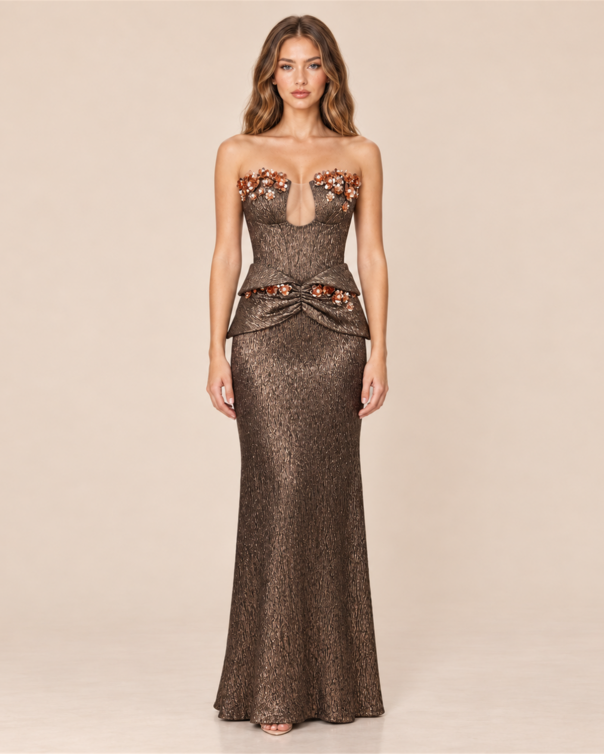 CAMILLE STRAPLESS FLORAL PEPLUM EVENING GOWN