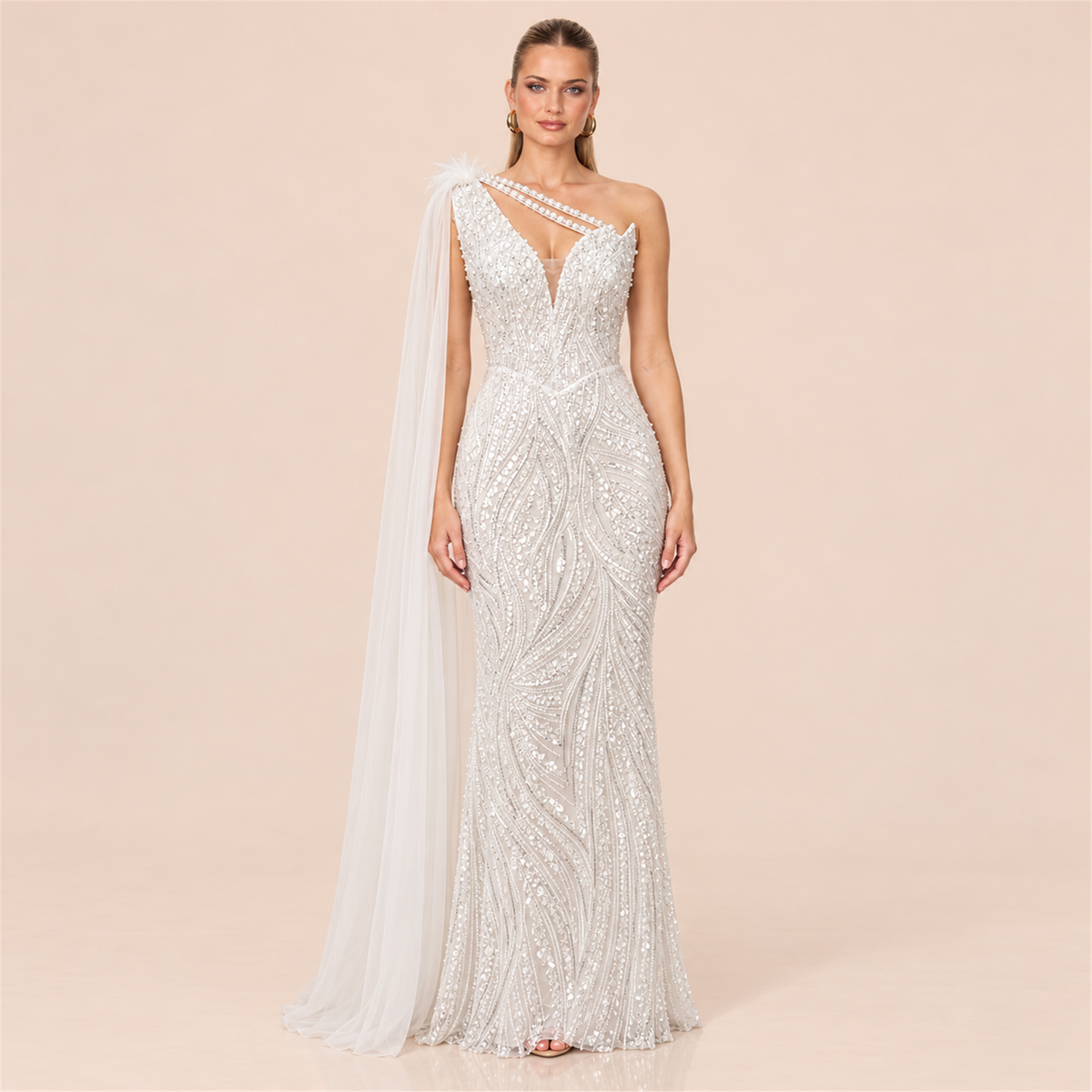 AVELINE BEADED ONE-SHOULDER EVENING GOWN