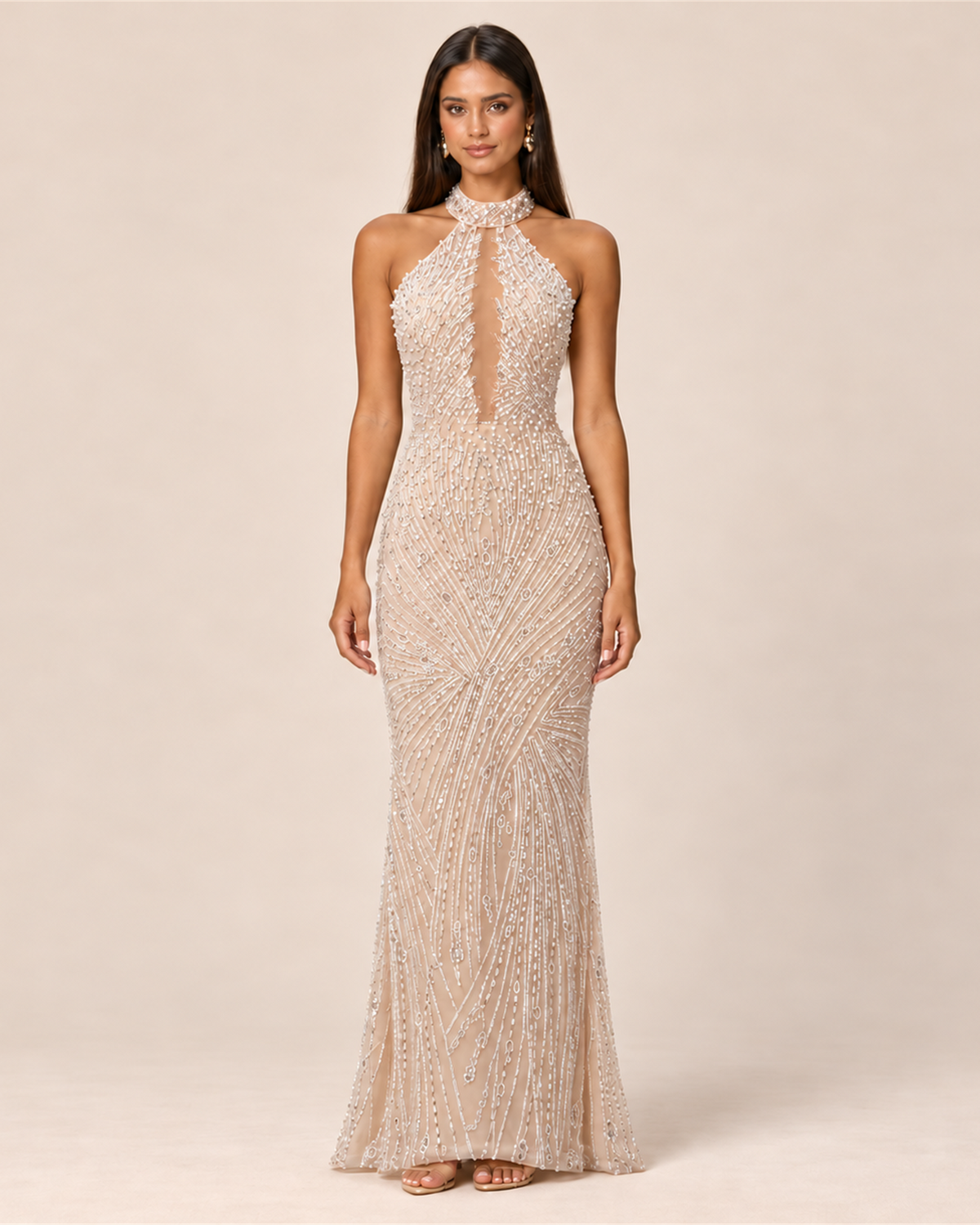 ELOISE PEARL BEADED HALTER EVENING GOWN