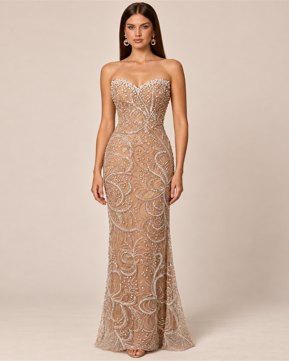 VIVIENNE STRAPLESS PEARL BEADED EVENING GOWN