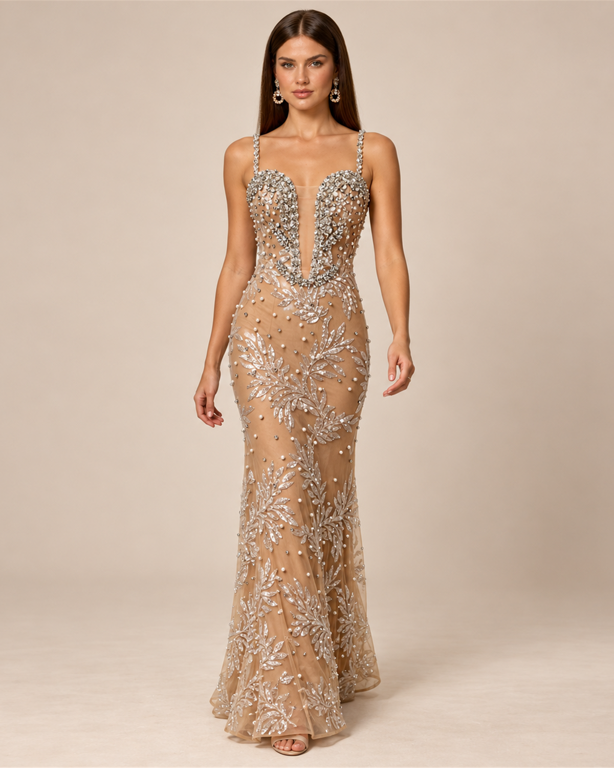 ARABELLE EMBELLISHED PLUNGE EVENING GOWN