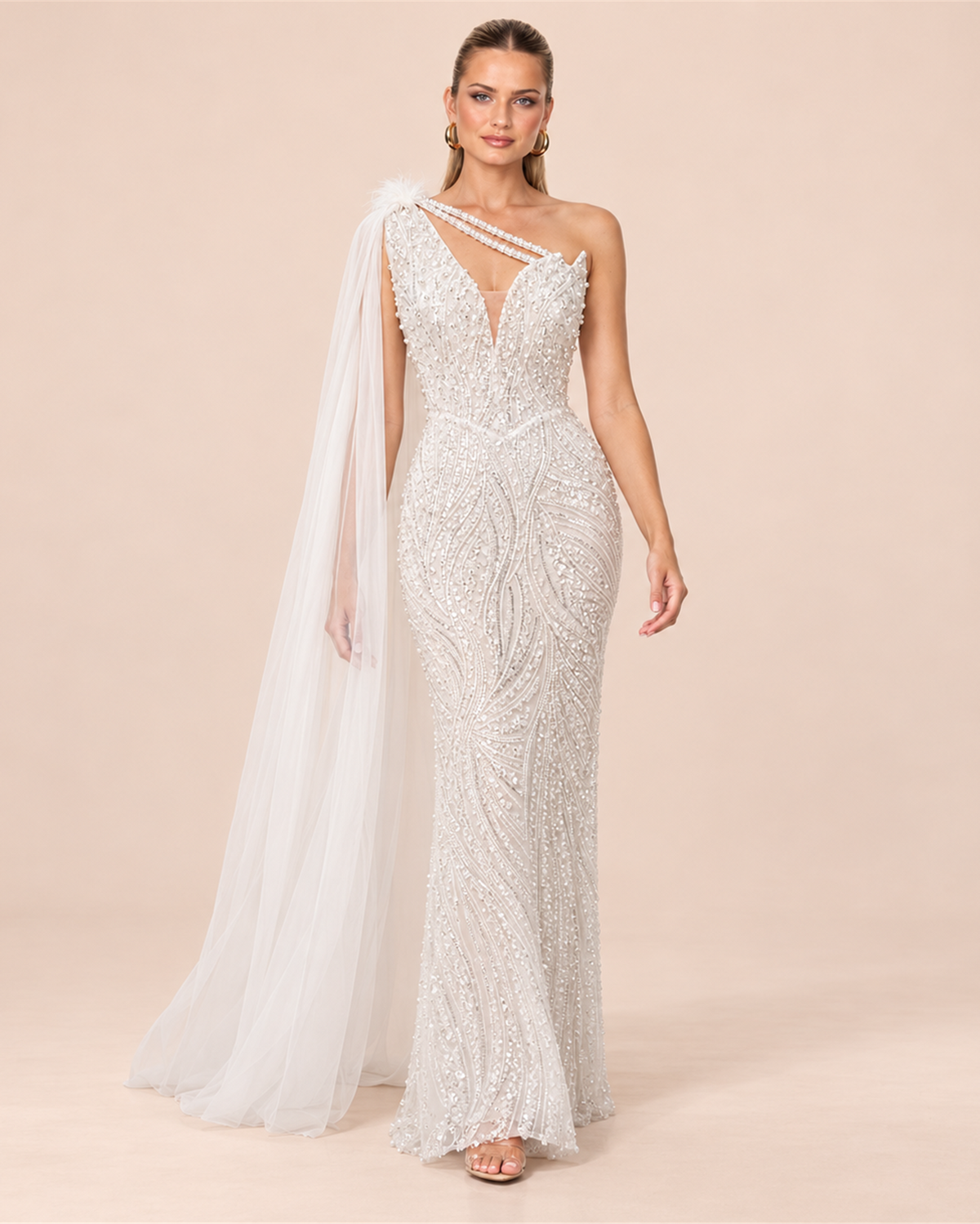 AVELINE BEADED ONE-SHOULDER EVENING GOWN