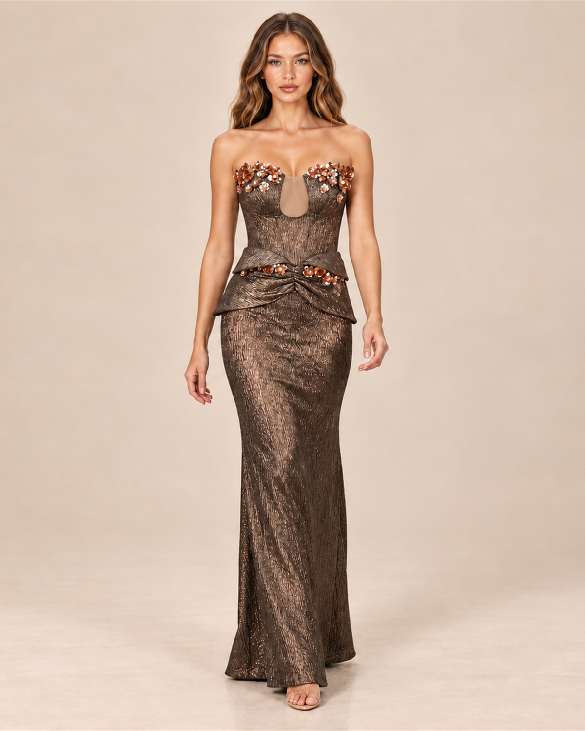 CAMILLE STRAPLESS FLORAL PEPLUM EVENING GOWN