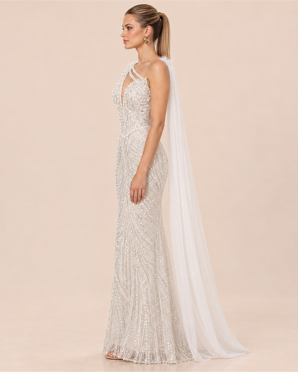 AVELINE BEADED ONE-SHOULDER EVENING GOWN