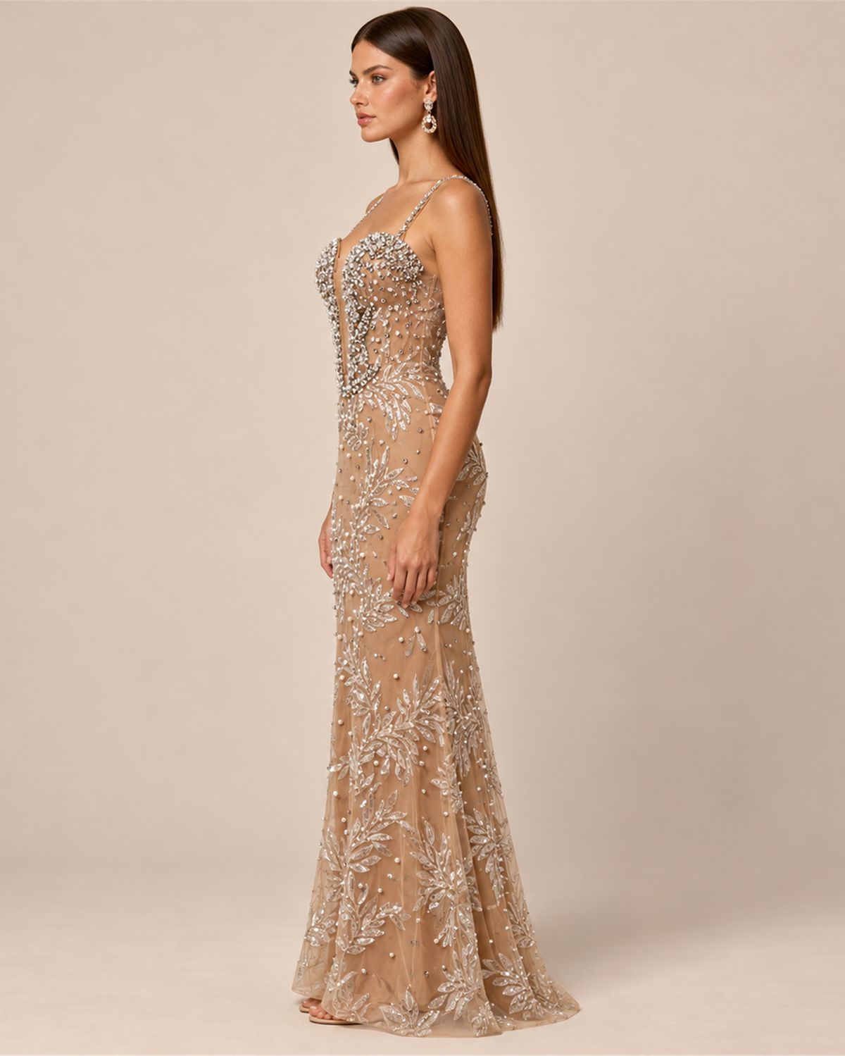 ARABELLE EMBELLISHED PLUNGE EVENING GOWN