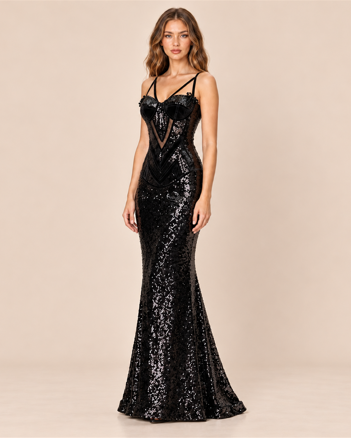 ODETTE MIDNIGHT SEQUIN EVENING GOWN