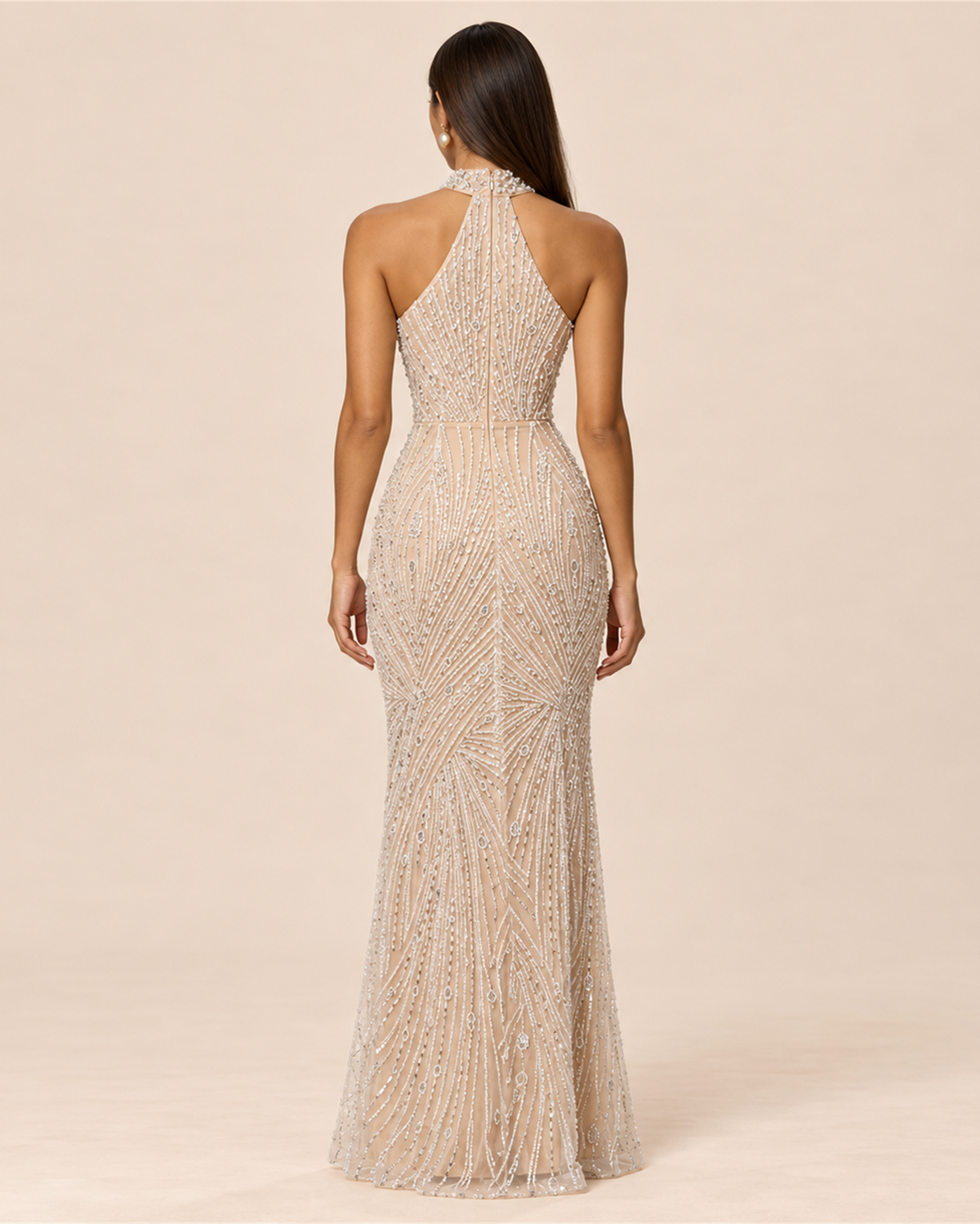 ELOISE PEARL BEADED HALTER EVENING GOWN
