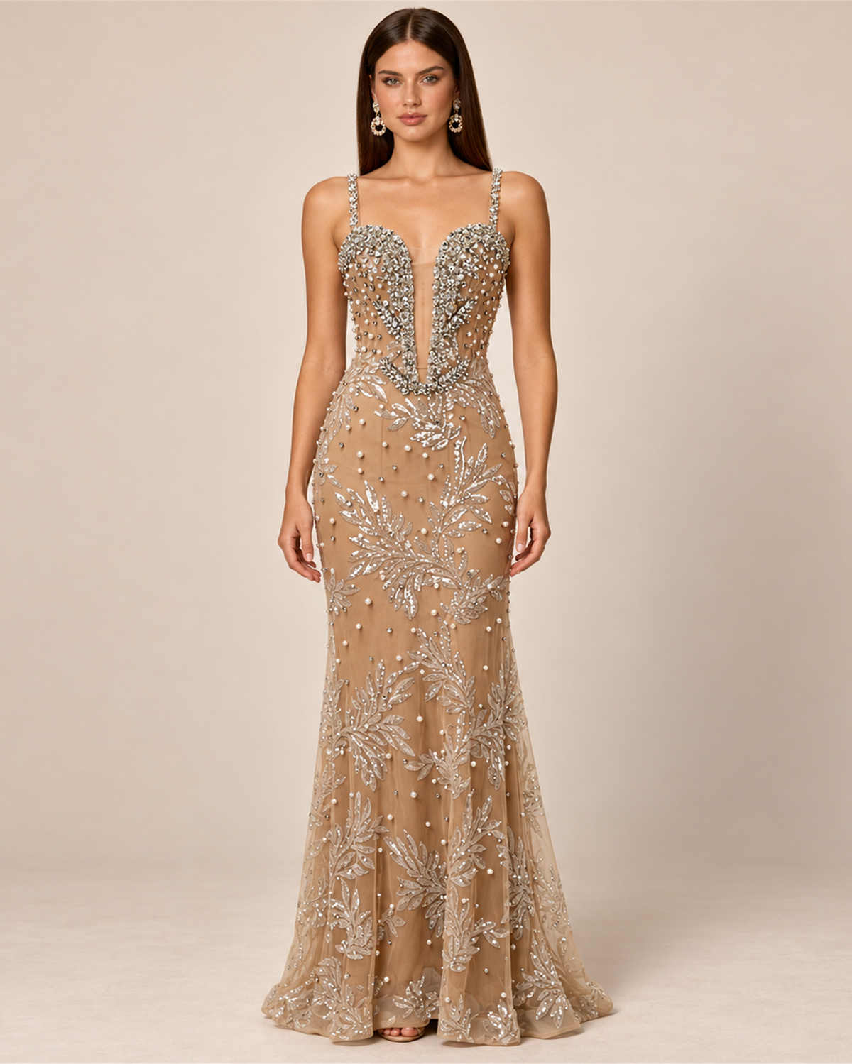 ARABELLE EMBELLISHED PLUNGE EVENING GOWN