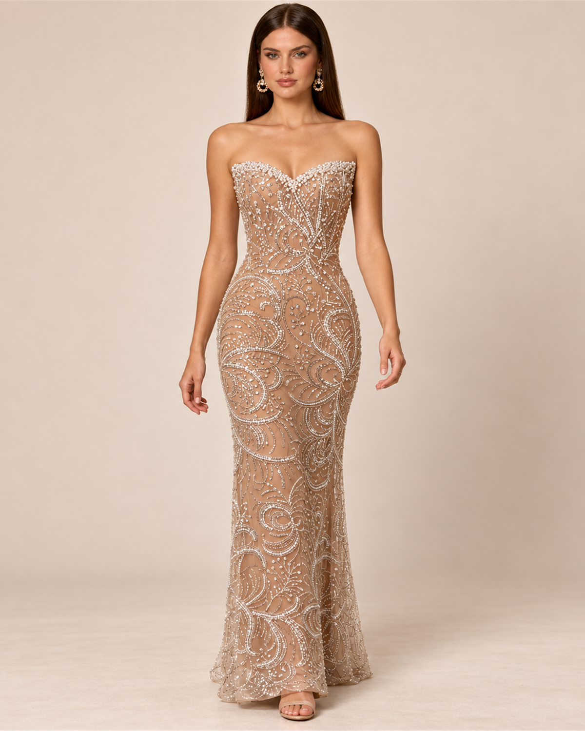 VIVIENNE STRAPLESS PEARL BEADED EVENING GOWN