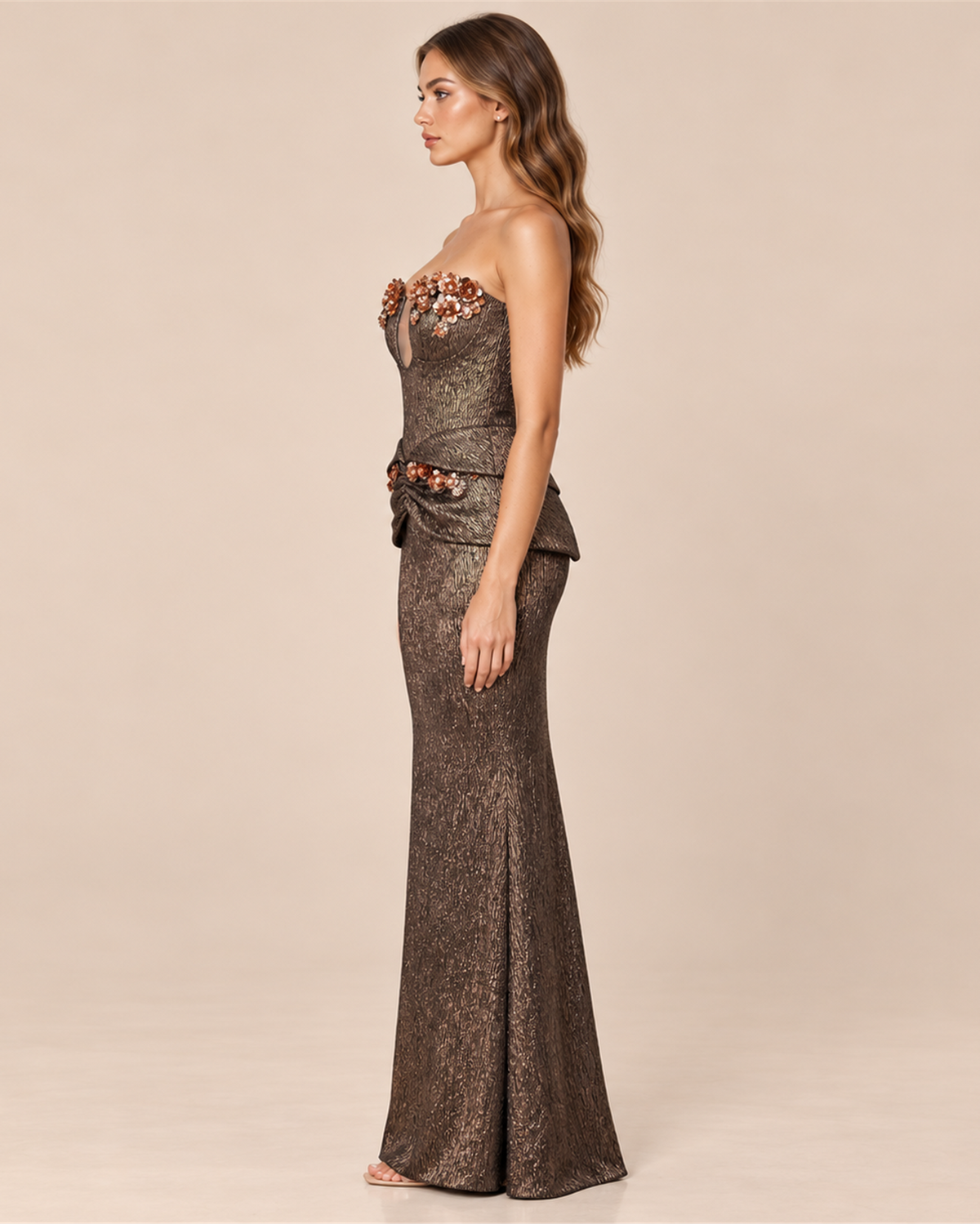 CAMILLE STRAPLESS FLORAL PEPLUM EVENING GOWN