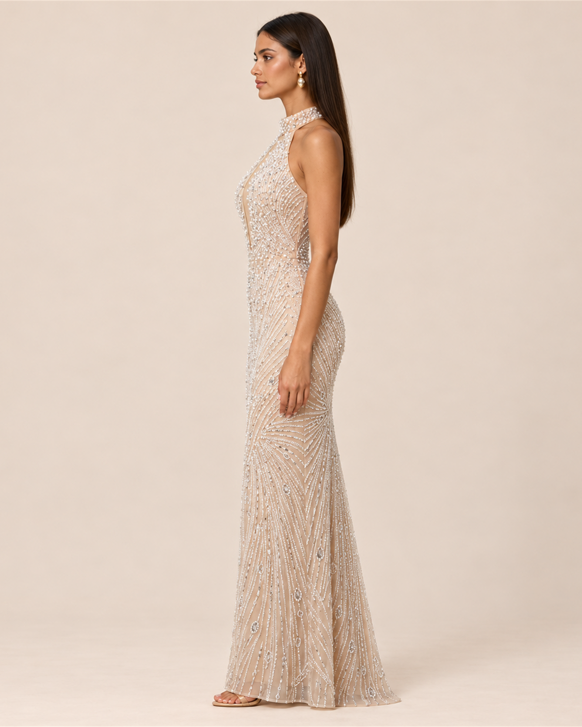 ELOISE PEARL BEADED HALTER EVENING GOWN