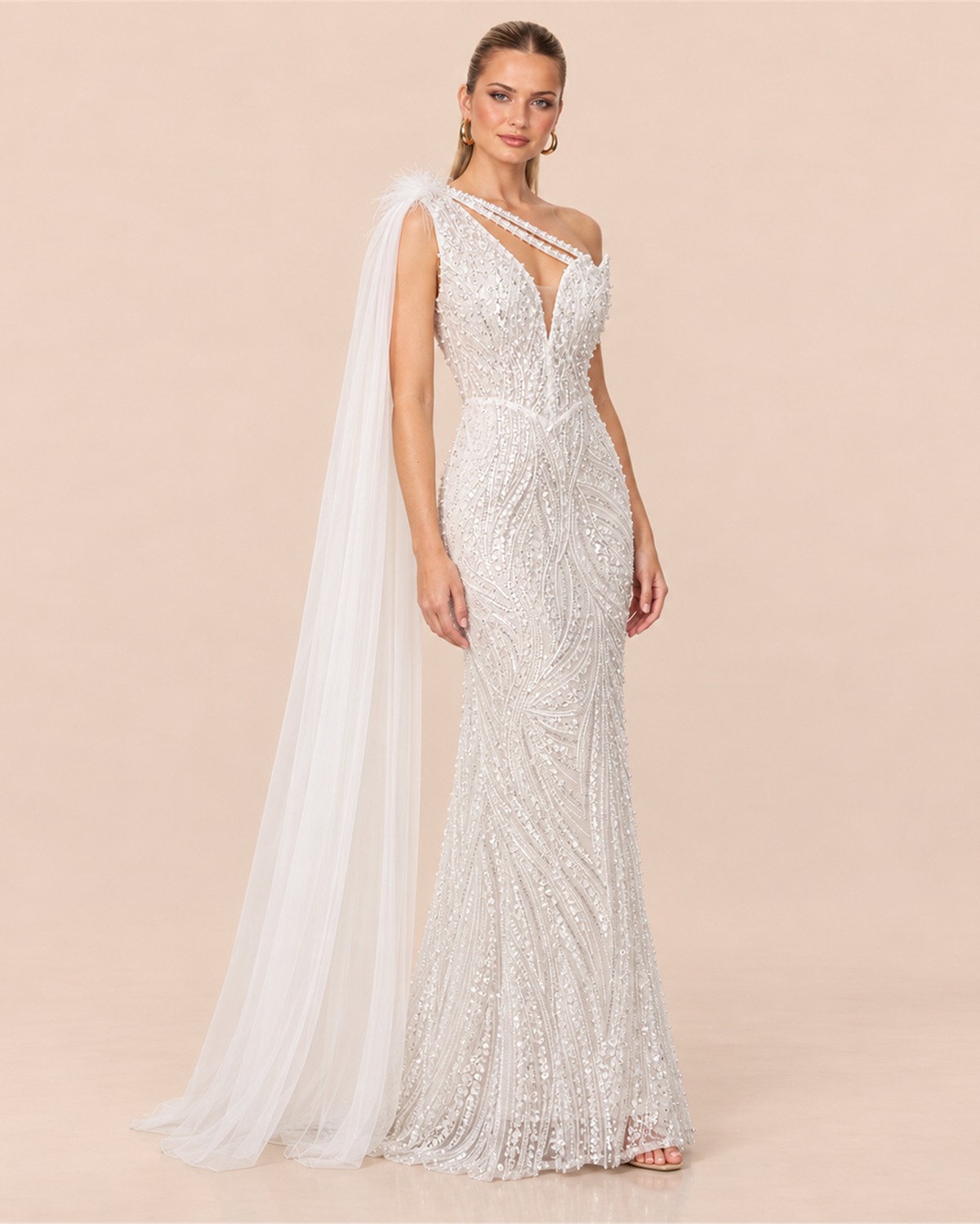 AVELINE BEADED ONE-SHOULDER EVENING GOWN