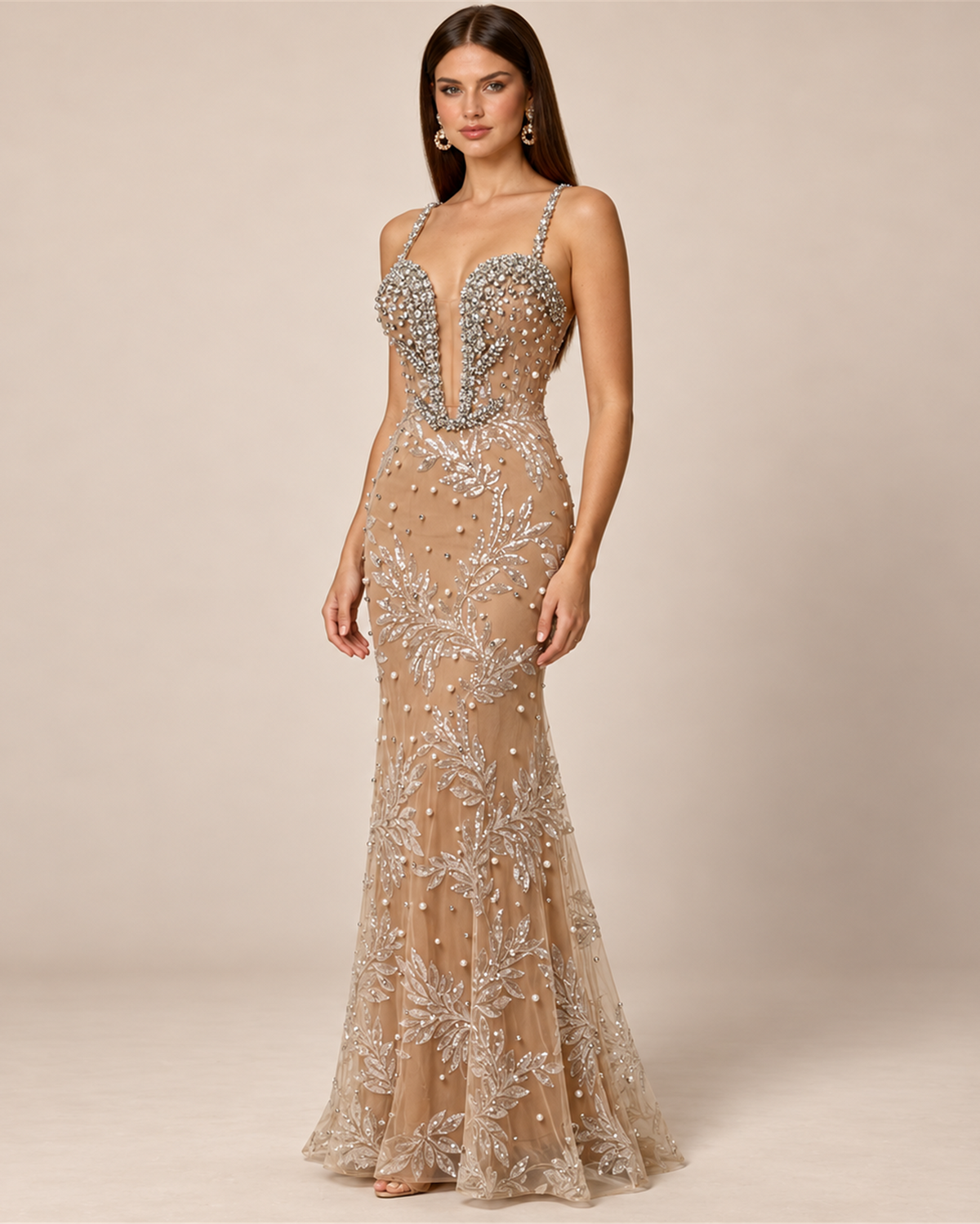 ARABELLE EMBELLISHED PLUNGE EVENING GOWN