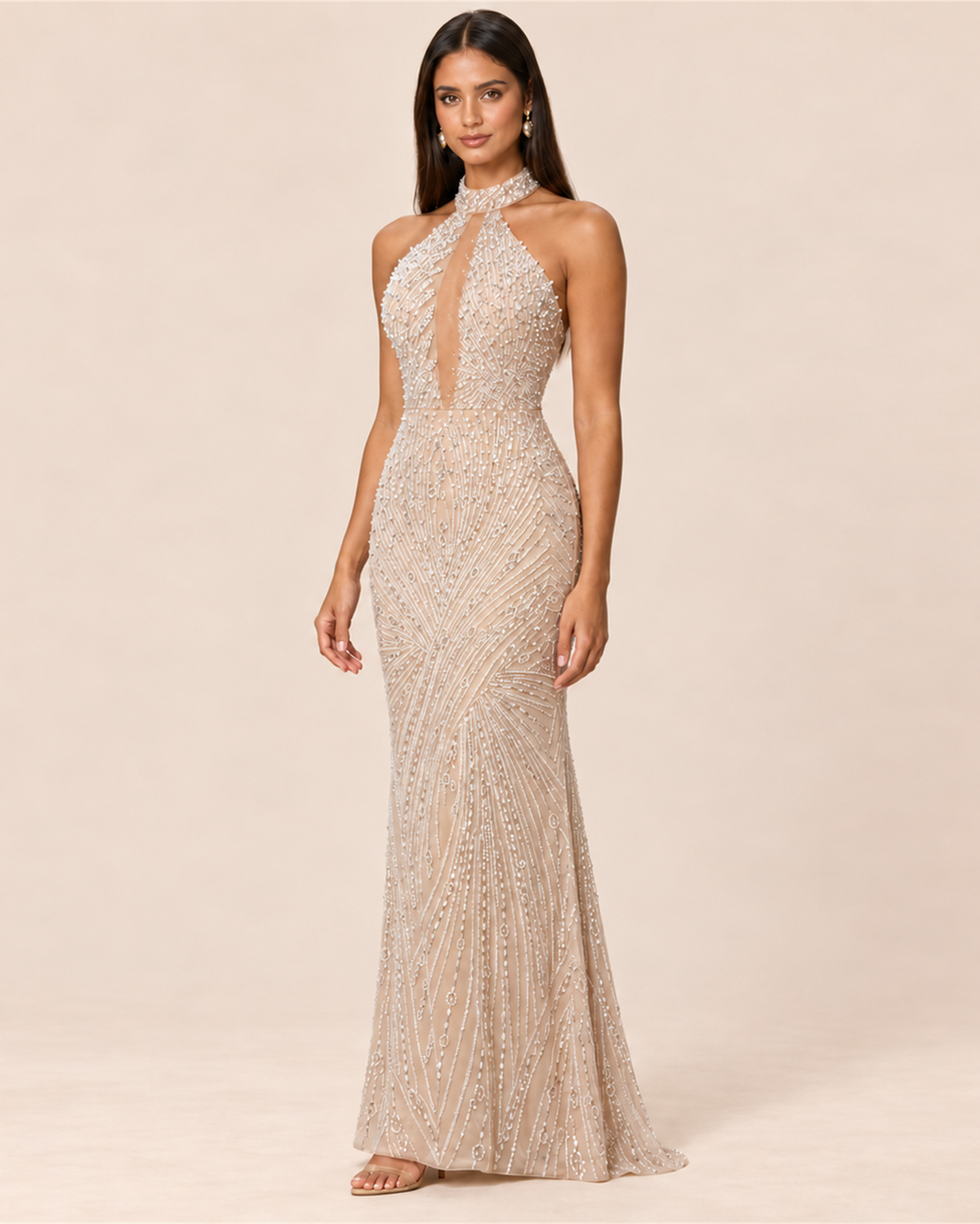 ELOISE PEARL BEADED HALTER EVENING GOWN