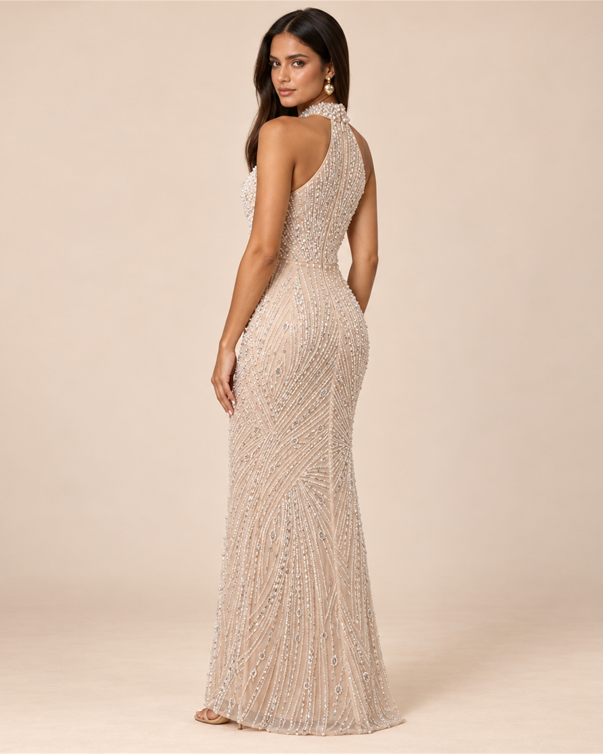 ELOISE PEARL BEADED HALTER EVENING GOWN