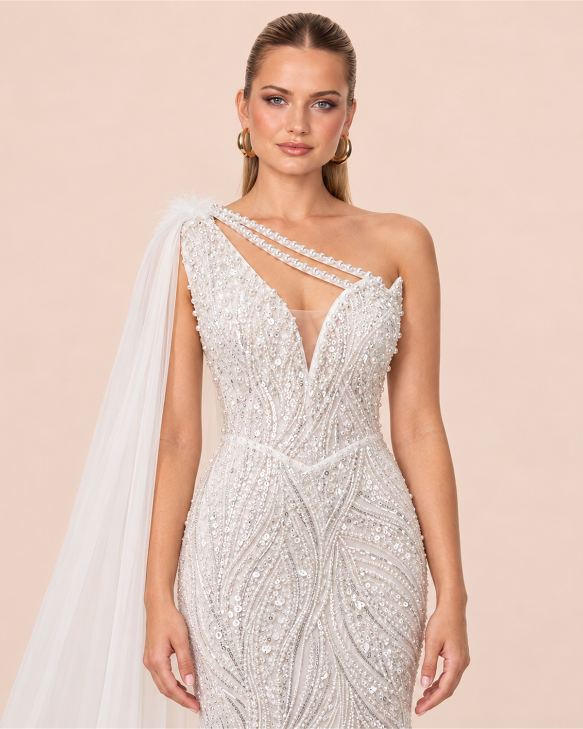 AVELINE BEADED ONE-SHOULDER EVENING GOWN