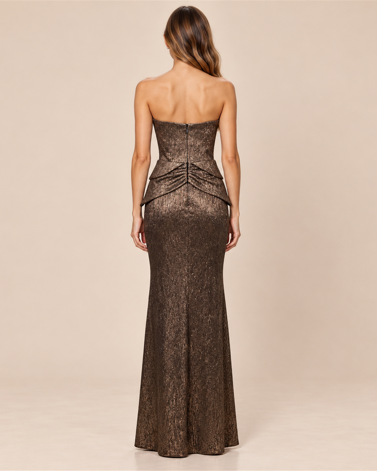 CAMILLE STRAPLESS FLORAL PEPLUM EVENING GOWN