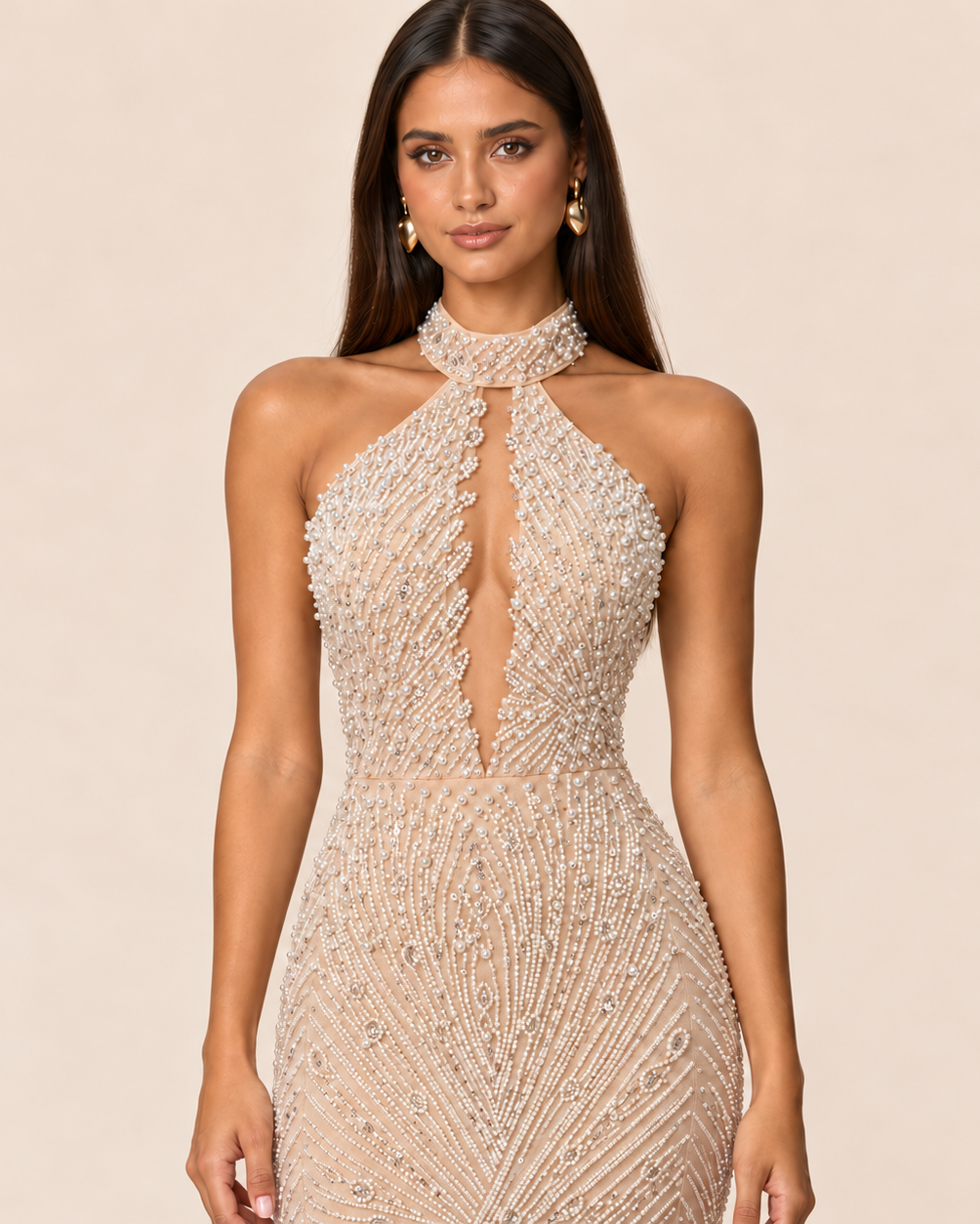ELOISE PEARL BEADED HALTER EVENING GOWN